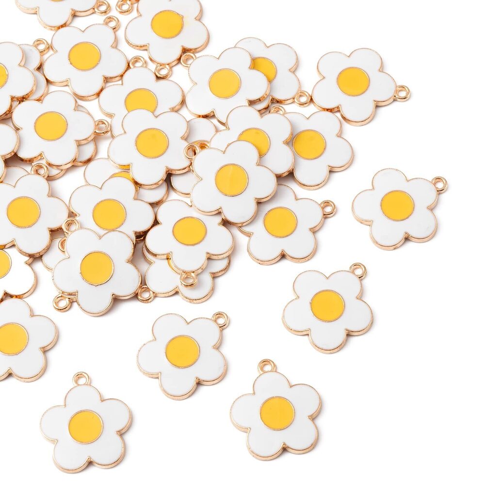5176 100 Pcs White 5-Petals Flower Charm Enamel Flower Shape Poached Fried